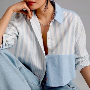 Scotch & Soda Stripe Mix Boxy Cotton Denim Chambray Shirt, NEW